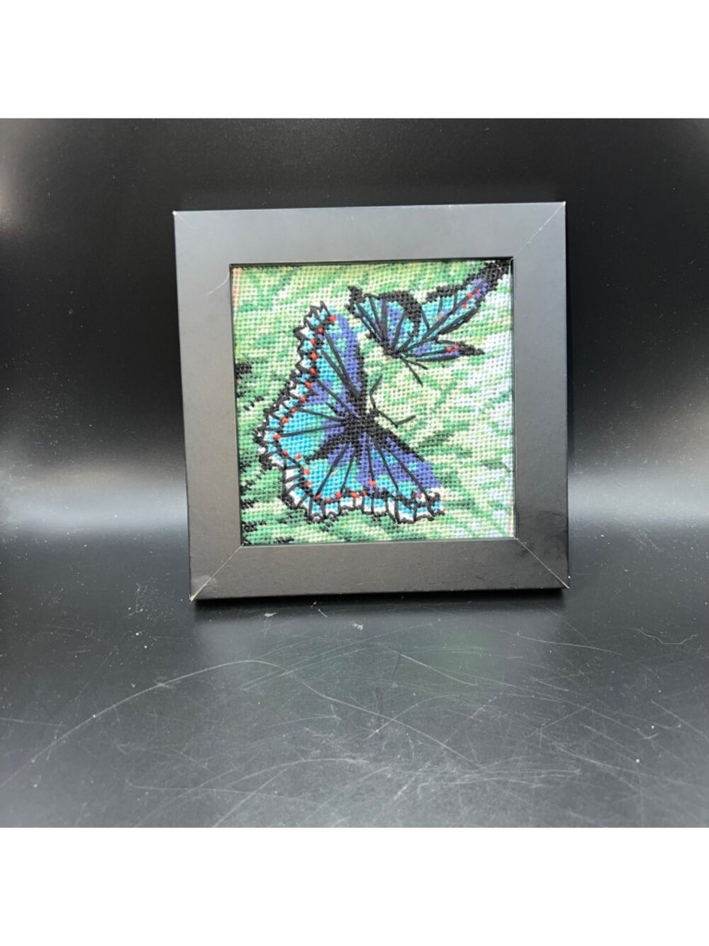 Hand-Stitched Butterfly Cross-Stitch Art Black Frame Blue Green Cottagecore VTG